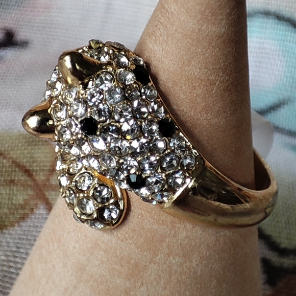 Leopard Cougar Panther Size 7 NEW Rhinestone Gold Tone Ring Green Enamel Eyes - Picture 3 of 6